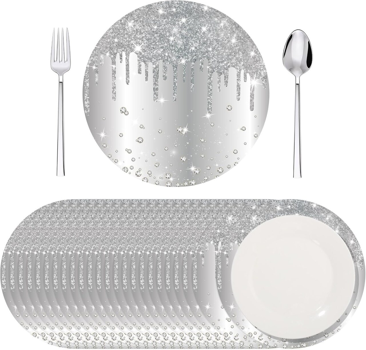 120 Pieces Silver Paper Placemats Glitter Diamonds Round Disposable Table Mats Decorative Paper Mats for Dining Wedding Birthday Silver Glitter Banquet Party, 11.8 Inch